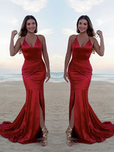 Trumpet/Mermaid Halter Sweep Train Silk like Satin Prom Dresses With Leg Slit